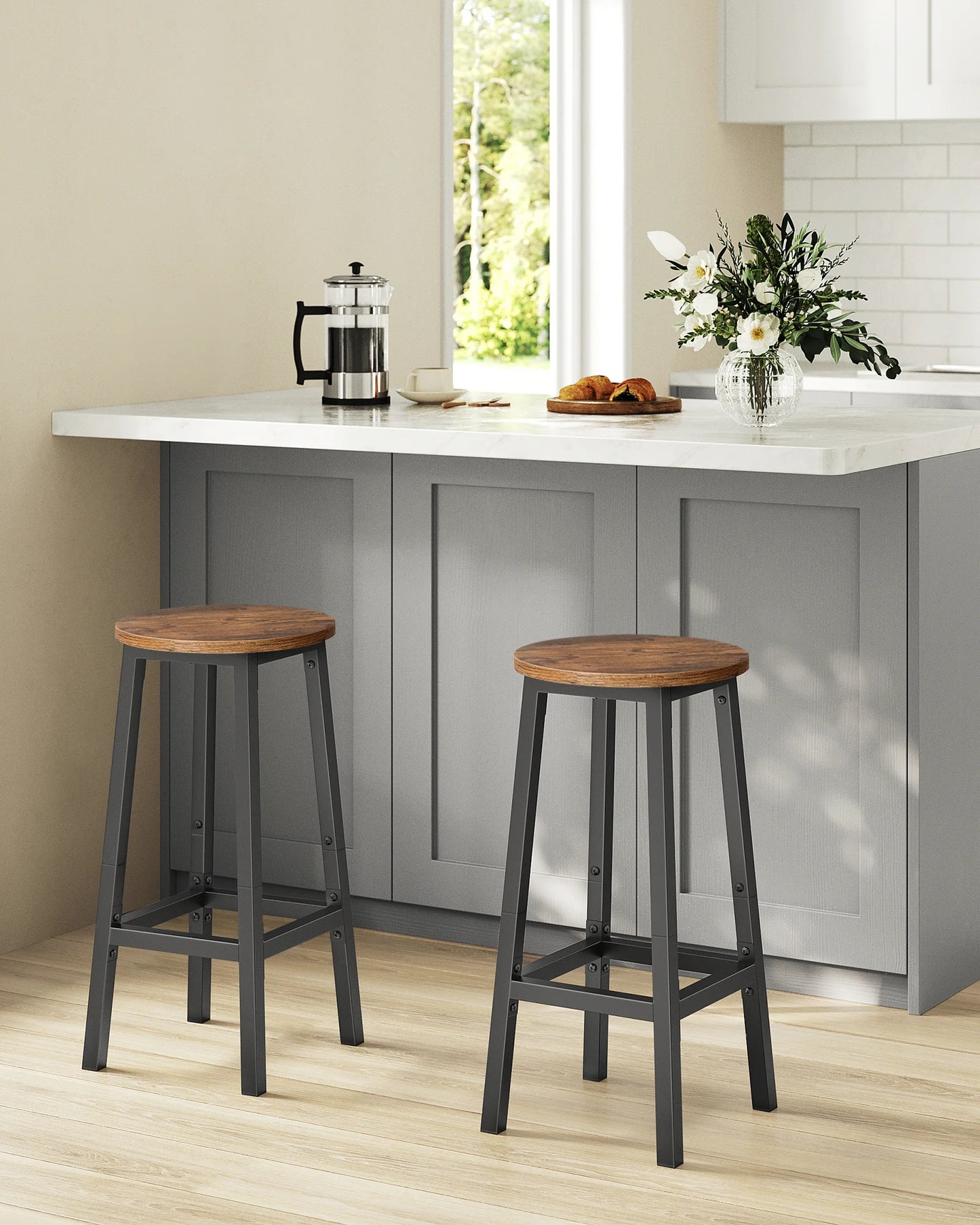 Set de 2 Taburetes Industriales Loft - Asiento de Madera y Acero